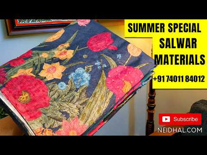 Black premium digital printed silk cotton unstitched salwar material with rich hand embroidery on yoke and daman (Thin, Lining Needed) Matching santoon bottom, digital printed silk cotton dupatta with hand embroidery work. AG262403