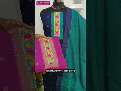 Rani pink premium handloom cotton unstitched salwar material, hand embroidered on yoke, thread woven buttas all over(lining needed)dual shaded handloom cotton bottom, handloom cotton dupatta with borders& tassels. CODE AG251810