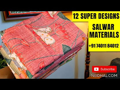 Ivory pure slub cotton unstitched salwar material, zari woven design on yoke(thin fabric, lining needed)weaving design on front, pastel green cotton bottom, floral printed chiffon dupatta with tapings. CODE MY241721