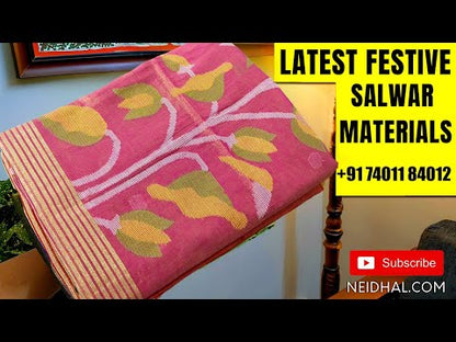 Light greyish beige semi gicha unstitched salwar material, warli printed with faux mirror work on yoke(thin fabric, lining needed)turquoise green cotton bottom, digital warli printed silk cotton dupatta. CODE DC241302