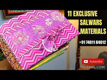 Beige with golden tint tissue silk cotton unstitched salwar material, v neck with zari& sequins work, banarasi zari weaving on front(ling needed)matching silk cotton bottom, tissue silk cotton full length dupatta with zari weaving design. CODE JN252801