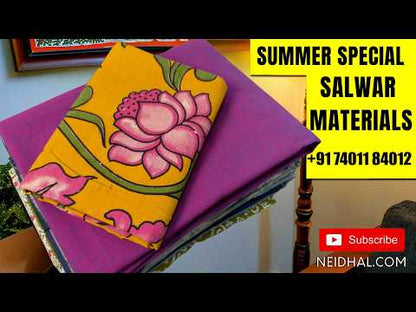 Black base soft silk cotton unstitched salwar material,polka design, printed all over,(lining needed)blue cotton bottom,floral printed silk cotton dupatta with borders and pallu. AG260511