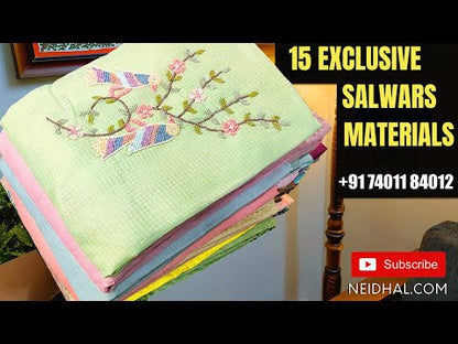 Deep blue designer russian silk unstitched salwar material, rich thread, zari& sequins work on yoke, sequins work on front(shiny fabric, lining needed)matching santoon bottom, printed prue gajji silk short width dupatta. CODE OC240510