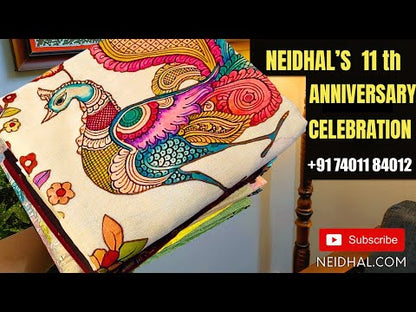 CODE NS66 : Green printed semi chanderi silk cotton saree, orange printed with gold tissue border, printed pallu, printed running blouse.