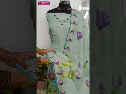 Lavender digital printed pure linen unstitched salwar material, v neck, hand embroidery on yoke& front(thin, lining needed)matching santoon bottom, digital printed pure linen dupatta with heavy emboridery. CODE AG251404