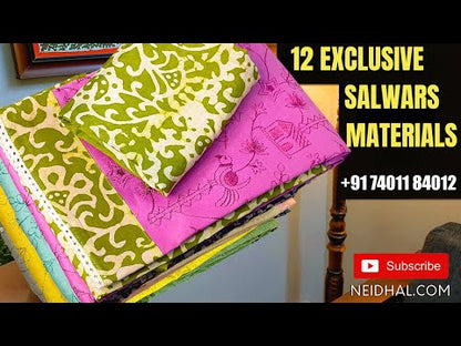 Beige base warli printed jute cotton unstitched salwar material, digital printed yoke patch with thread& sequins work(lining optional)purple cotton bottom, printed fancy art silk dupatta(REQUIRES TAPINGS). CODE JN251808