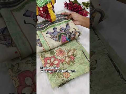 Pastel green designer digital printed semi linen unstitched salwar material, bead work on yoke& daman(lining needed)matching cotton bottom, digital printed semi linen dupatta with lace tapings. CODE MY252401