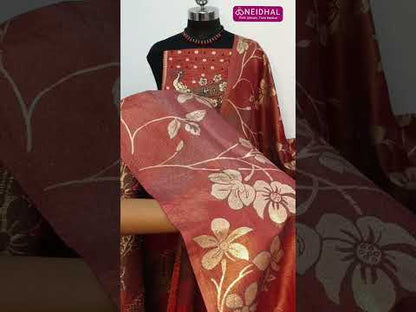 Black satin cotton unstitched salwar material, peacock weaving yoke with thread work(lining optional)maroon cotton bottom, soft tissue silk dupatta with zari &thread woven design. CODE SP250713