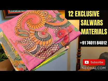 Half white base printed pure cotton semi stitched salwar material, faux mirror work on front(lining needed)purple cotton bottom, printed pure kota cotton dupatta. Code MY251213