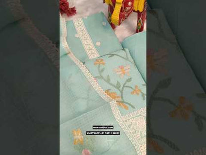 Pale green embroidered kota silk cotton unstitched salwar material, lace tapings on daman(thin, lining needed)matching spun cotton bottom, embroidered kota silk cotton dupatta. CODE JL252803