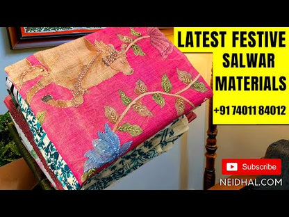 Mehandi green with Pastel blue jamdani woven slub silk cotton unstitched salwar material, organza daman patch with jamdani weaving (Textured, Lining Needed) Silk Cotton Bottom, jamdani woven and kalamkari printed silk cotton dupatta. OC250503