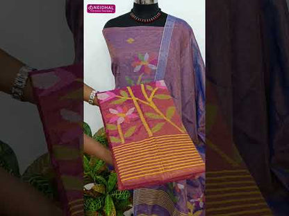 PREORDER: SHIPPING IN 1 WEEK Rani pink with golden tint designer jamdani woven pure tissue linen unstitched salwar material(thin, lining needed)jamdani woven pure tissue linen dupatta with tissue borders& tassels. CODE AG253007