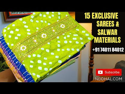 Blue designer bandhini printed premium mul cotton unstitched salwar material, angraha neck wit sequins& tassels(lining needed)bandhini printed cotton bottom, bandhini printed pure mul cotton dupatta. Code AP251311