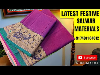 Mehandhi yellow south mercerized handloom cotton unstitched salwar material(thin, lining needed) with contrast peacock thread woven border, bottom included with top, mercerized handloom cotton dupatta with thread woven borders & tassels. NV251104