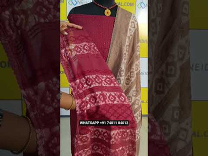 Dark maroon fancy silk cotton unstitched salwar material, sequins work on front(thin, lining needed)matching silky bottom, batik dyed fancy silk cotton dual shaded dupatta with thread& sequins work. CODE AG250404