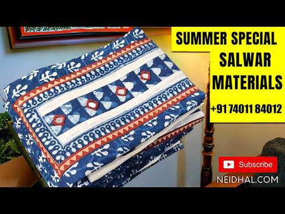 Light beige semi linen unstitched salwar material(lining needed)thread embroidery round neck on yoke, embroidery all over, pastel pink spun cotton bottom, floral printed semi linen dupatta with silver borders. MY262513