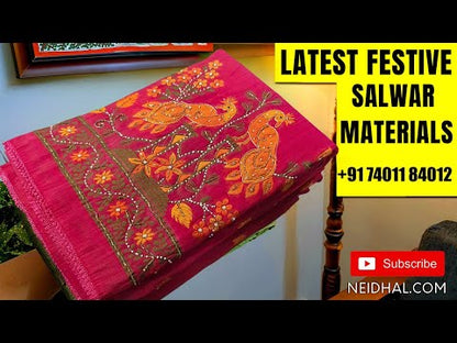 Black with golden tint printed tissue silk cotton unstitched salwar material(lining needed)kantha stitch and sequins work on yoke, matching spun cotton bottom, kantha stitch and digital printed short width tissue silk cotton dupatta with tassels. FB260813