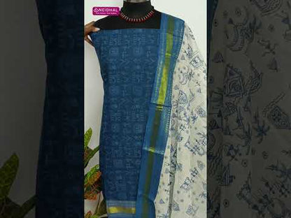 Dark blue warli printed pure soft cotton unstitched salwar material(lining needed)wari printed pure cotton bottom, warli printed pure cotton dupatta with zari woven borders. CODE SP250209