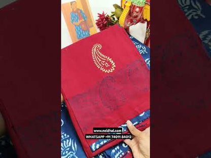 Indigo blue printed pure soft cotton unstitched salwar material, fancy buttons on yoke, zari &real work on front(lining needed)reddish maroon block printed cotton bottom, block printed pure cotton full length dupatta. CODE JN251107