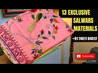 Light grey designer digital printed linen unstitched salwar material, v neck, hand embroidered on yoke& front(thin, lining needed)matching spun cotton bottom, digital printed linen dupatta. CODE JL252402