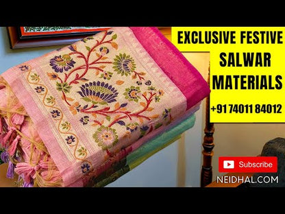 Pastel Blue Premium silk cotton jamdani woven unstitched salwar material, paithani weaving on top and daman (thin, lining needed), silk cotton bottom, dark blue full length dupatta with jamdani and paithani weaving. SP251302