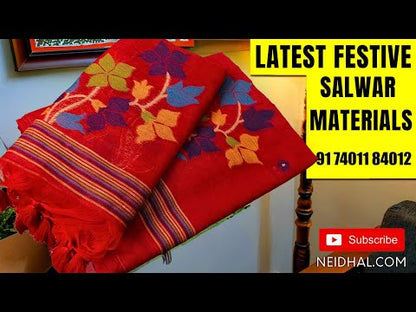 Dark teal blue premium handloom cotton unstitched salwar material, thread woven buttas all over(lining needed)dark blue handloom cotton bottom, handloom cotton dupatta with thread weaving design. CODE JL250806