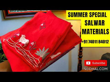 Greyish beige base printed silk cotton unstitched salwar material,(lining needed)dark blue batik dyed cotton bottom,batik dyed silk cotton dupatta(TAPPING NEEDED). SP262808