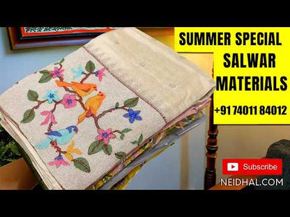 Orange with pink handloom cotton unstitched salwar material, hand block prints on front, real mirror and ikat yoke patch (Lining Optional)pure cotton bottom, mul cotton dupatta with hand block prints and zari detailing. SP261710