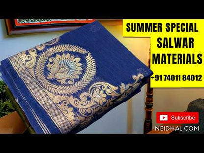 Blue printed pure cotton unstitched salwar material,angraha neck with cut bead and french knot work,(lining needed)printed cotton bottom,brush paint on jakard chiffon dupatta. JN261406