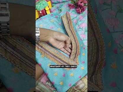 Pastel blue digital printed silk cotton unstitched salwar material, v neck with Katha stitch(lining needed)matching spun cotton bottom, printed silk cotton dupatta with kantha stitch &sequins. CODE JL242616