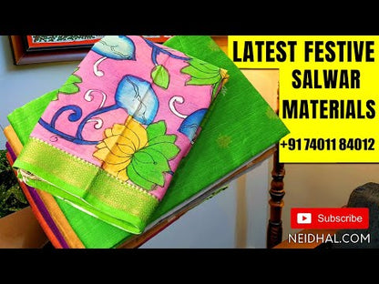 Turquoise blue premium raw silk unstitched salwar material (textured, Lining Needed) thread woven buttas all over, silver grey silk cotton bottom, original pen kalamkari silk dupatta with zari borders. NV251612