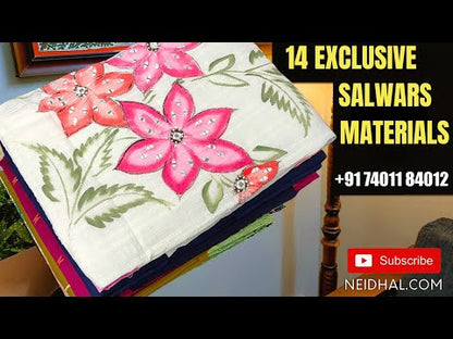 Beetroot purple fancy silk cotton unstitched salwar material, printed yoke with real mirror& zardozi work, faux mirror work on front(lining needed)matching silk cotton bottom, digital printed silk cotton dupatta with real mirror work.CODE JL250115