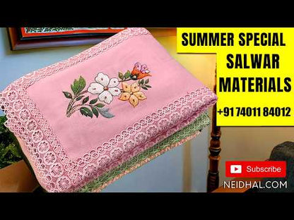 Dark purple fancy kota silk cotton unstitched salwar material, cross stitch embroidered on yoke(thin fabric, lining needed)matching silk cotton bottom, cross stitch embroidered fancy kota silk cotton dupatta with scallop edges. AP260312