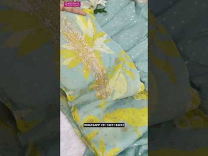 Pastel blue printed pure organza silk unstitched salwar material, heavy bead work on yoke& front, zari buttas all over(thin, lining needed)matching santoon bottom, pure organza silk full length dupatta with zari buttas& borders. CODE AG251301