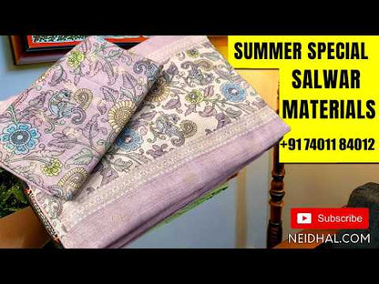 Half white digital printed benarasi woven kota unstitched salwar material ( lining needed) sugar bead,pearl bead and sequins work on daman,zari buttas all over ,matching cotton bottom, digital printed banarasi woven kota dupatta with tassels. AP260807