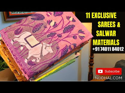 CODE NS43 : Parrot green jamdani woven premium silk cotton saree(thin& light weight)gold tissue borders, rich jamdani woven pallu, plain running blouse with borders.