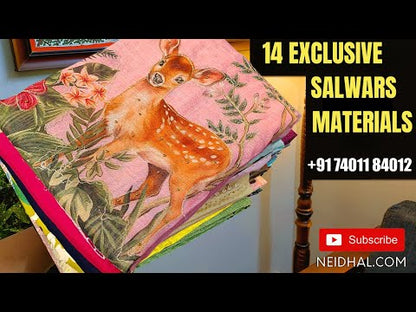 Designer yellowish beige premium slub silk cotton unstitched salwar material, hand embroidered on yoke(thin, lining needed)matching santoon bottom, printed premium slub silk cotton short dupatta. CODE JL251010