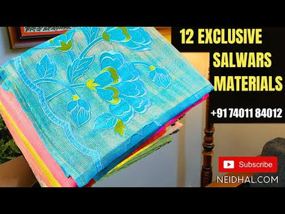 Pastel green designer tissue silk cotton unstitched salwar material, thin zari lines all over, applique work on daman(thin, lining needed)matching silk cotton bottom, embroidered tissue silk cotton dupatta with zari woven borders. CODE AG253102