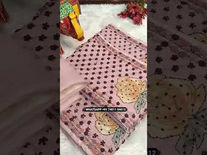 Pastel pink semi linen unstitched salwar material, rich hand embroidered on yoke& front(lining needed)drum dyed cotton fabric provided for lining, NO BOTTOM, rich hand embroidered silk cotton dupatta. CODE DC241511