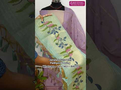 Pastel green designer jamdani woven premium silk cotton unstitched salwar material, paithani weaving on yoke(lining needed)matching silk cotton bottom, jamdani woven premium silk cotton dupatta with paithani weaving pallu. CODE SP251005