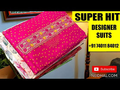 Mehandhi yellow original batik dyed pure soft cotton unstitched salwar material, embroidered on front(lining needed)dark grey cotton bottom, dual shaded original wax batik dyed pure chiffon dupatta(REQUIRES TAPING). CODE JA252606