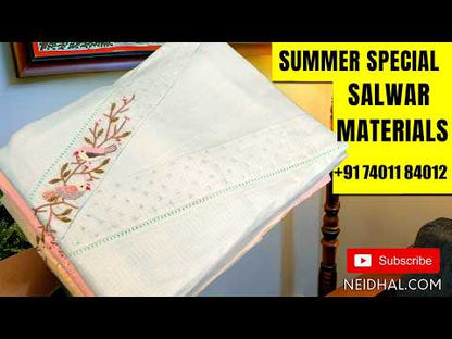 Designer pastel blue premium kota unstitched salwar material, V neck with bead and sequins detailing (Thin, Lining needed) matching cotton bottom, premium kota dupatta with rich thread embroidery all over and lace tapings. AG262306