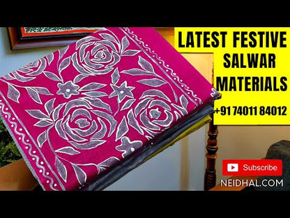 Pastel Blue fancy kota silk cotton unstitched salwar material(thin, lining needed) embroidery work on front, matching cotton bottom, soft kota cotton dupatta with lace tapings. JA262109