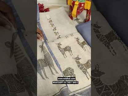 Designer Rich beige with golden tint tissue linen unstitched salwar material, deer printed with hand embroidered on daman(thin, lining needed)grey santoon bottom, deer printed pure tissue linen dupatta. CODE JL252503