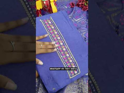 Purple designer premium russian silk unstitched salwar material, zardozi &bead work on yoke& front(lining needed)matching santoon bottom, banarasi zari woven dupatta with zari borders. CODE AG251013