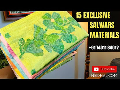 Violet silk cotton unstitched salwar material, thread woven design on daman(SLIGHT INCONSISTANCY OF WEAVING IS NOT CONSIDER AS DEFECT)(lining needed)pastel pink silk cotton bottom, dual shaded silk cotton dupatta with tassels. CODE JL250608