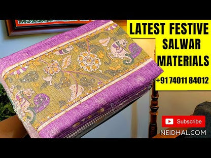 Digital Printed dark olive Green premium silk cotton unstitched salwar material (lining needed) printed daman, dark pink spun cotton bottom, digital printed  silk cotton full length dupatta. DC251609