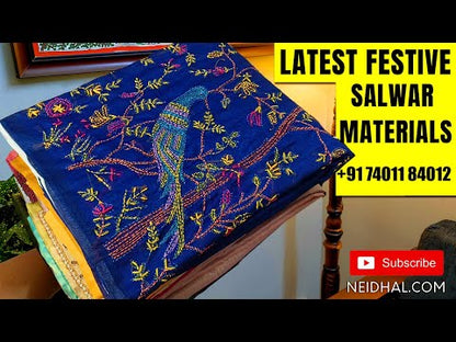 Royal Blue With Maroon Dharwad mercerized handloom cotton unstitched salwar material, thread weaving design on daman(lining needed)matching handloom cotton bottom, Dharwad mercerized handloom cotton dupatta with borders. SP251619