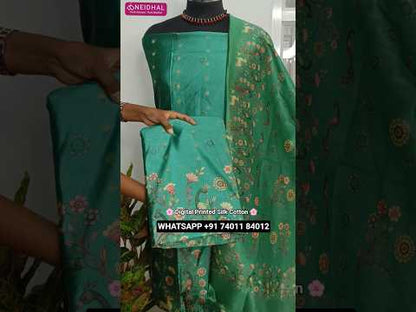 Turquoise green digital printed silk cotton unstitched salwar material, zari buttas all over(thin, lining needed)matching spun cotton bottom, light turquoise green with golden tint digital printed silk cotton dupatta. CODE AG252007