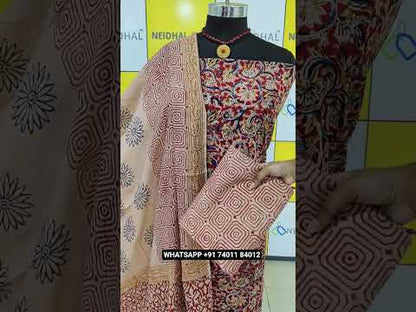 Olive green kalamkari hand block printed pure cotton unstitched salwar material(lining optional)hand block printed cotton bottom, block printed cotton full length dupatta(REQUIRES TAPINGS). CODE JL252405